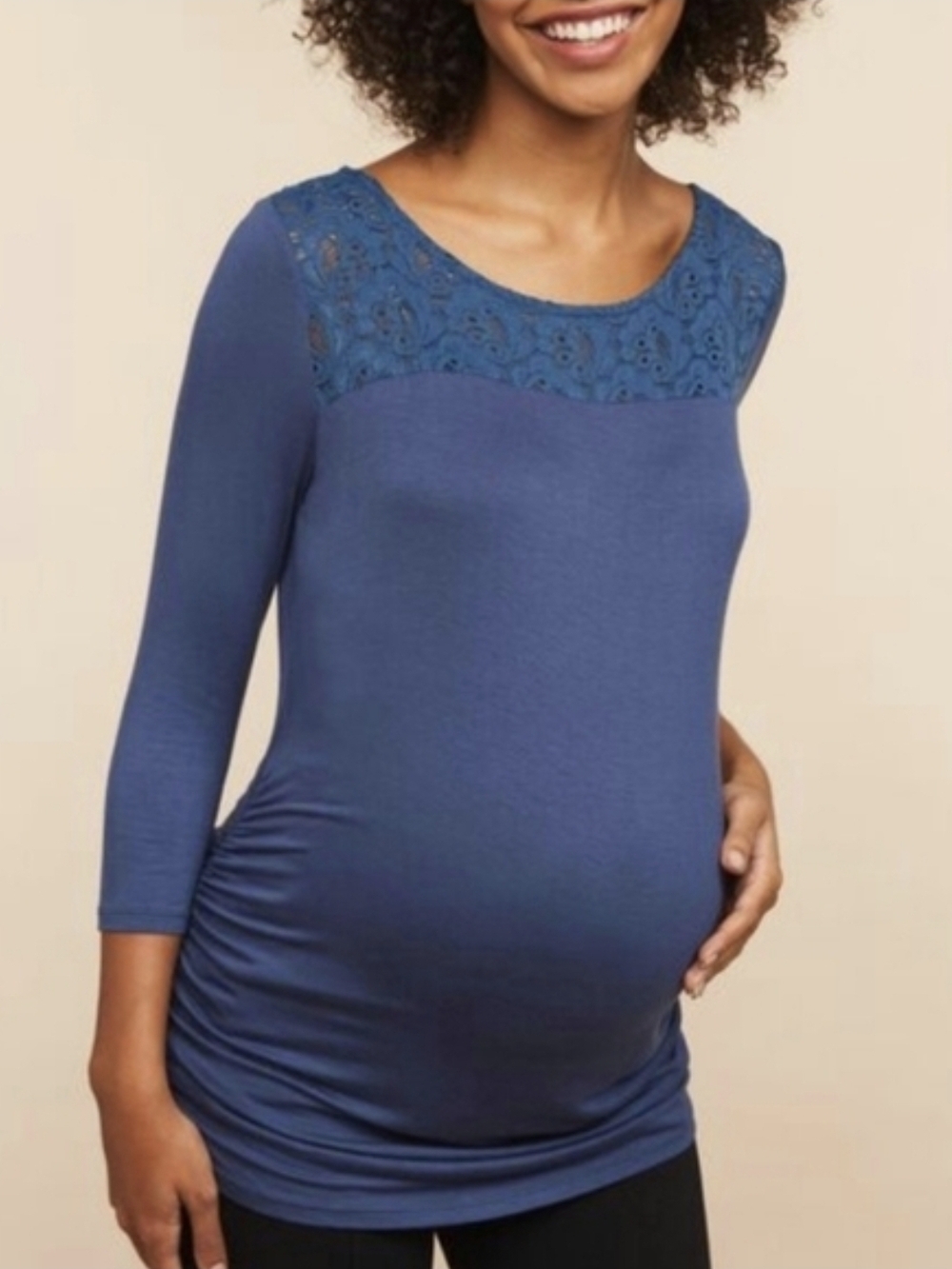 Motherhood Maternity Blue 3/4 Sleeve Top with Lace Yoke Detail Size Small